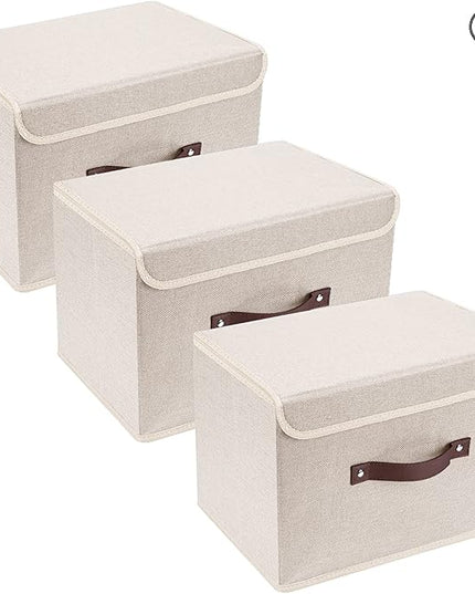 TYEERS Collapsible Storage Boxes, Washable Fabric Storage Bins with Lids, 14.9x9.8x9.8 inches, 3 Pack, Beige