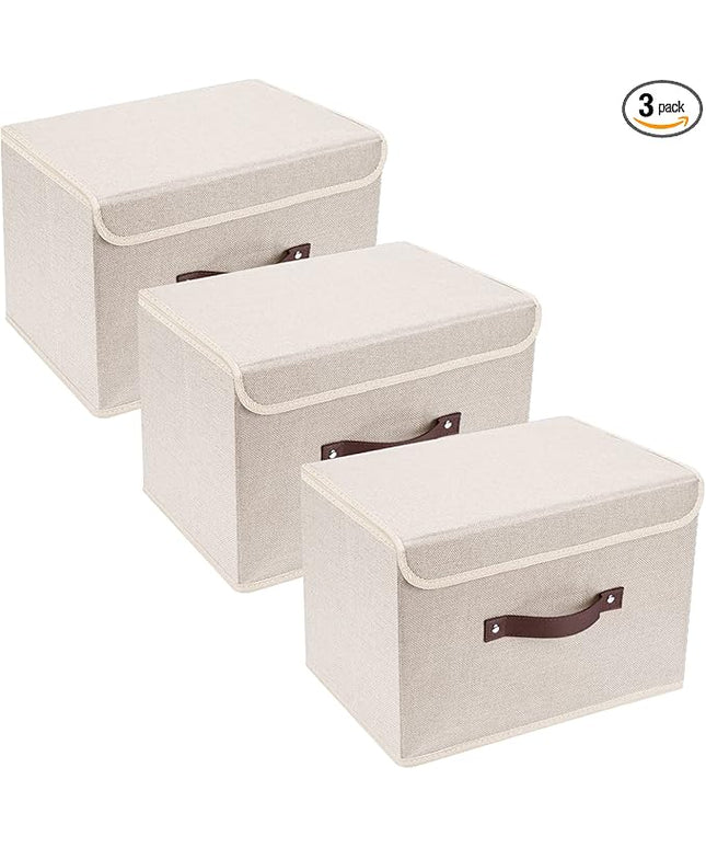 TYEERS Collapsible Storage Boxes, Washable Fabric Storage Bins with Lids, 14.9x9.8x9.8 inches, 3 Pack, Beige
