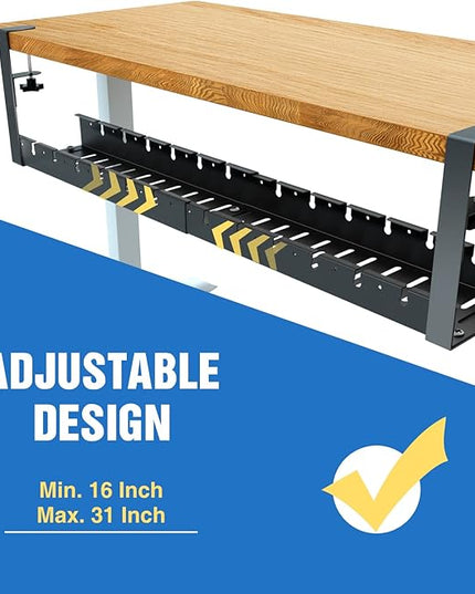 No Drilling Extendable Under Desk Cable Management, Metal Cable Management Tray Under Desk with Clamp, Retractable Power Strip Cord Holder for Wire Management 31Inch (1 Pack Black or white random 31')