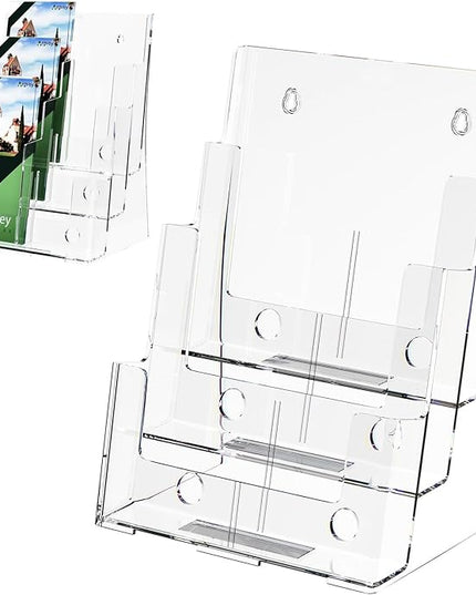 Argvey Acrylic Brochure Holder 8.5 x 11 inches, 3 Tier Clear Literature Holder with Removable Divider for Trifold 4 Inches Wide Pamphlet, Plastic Flyer Display Stand for Magazine, Document, Booklet