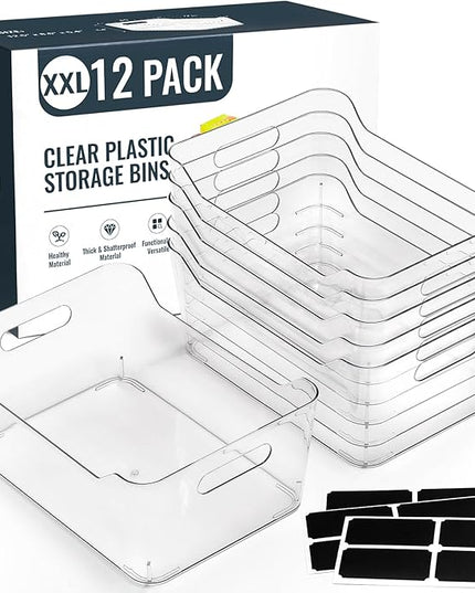 12 PACK Multi-Use Clear Plastic Storage Bins for Organizing w/ Labels - Home, Kitchen, Pantry, Bathroom, Office, Cabinet Shelf Organizer Bins - SOHO Collection, RV, Fridge Organization Containers -XXL