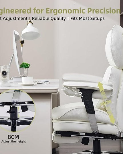 Efomao White Big and Tall Office Chair with Footrest – Ergonomic High-Back Computer Chair with Adjustable Armrests, Wide Seat – Modern Home Office, Gaming & Study Chair for Young Professionals