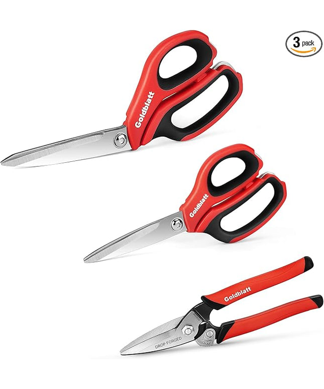 Goldblatt 3PCS Heavy Duty Scissors, Multipurpose Shop Scissors, Drop Forged Blades with Small Serrations, Comfortable Handle for Easy Cutting Cardboard, Wires, Leather, Fabric