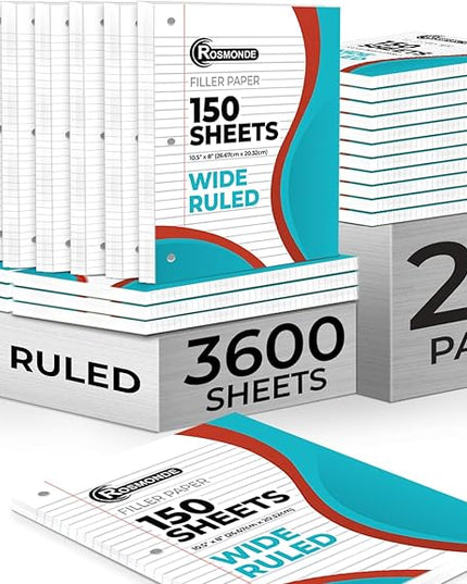 Rosmonde Loose Leaf Paper Bulk, 3600 Sheets, Wide Ruled, 8 x 10.5", Bulk Filler Paper for Office, 56 Gsm Thick Sheets, 3 Hole Punched for Binders, 24 Pack, 150 Sheets/Pack, Notebook Papers, White