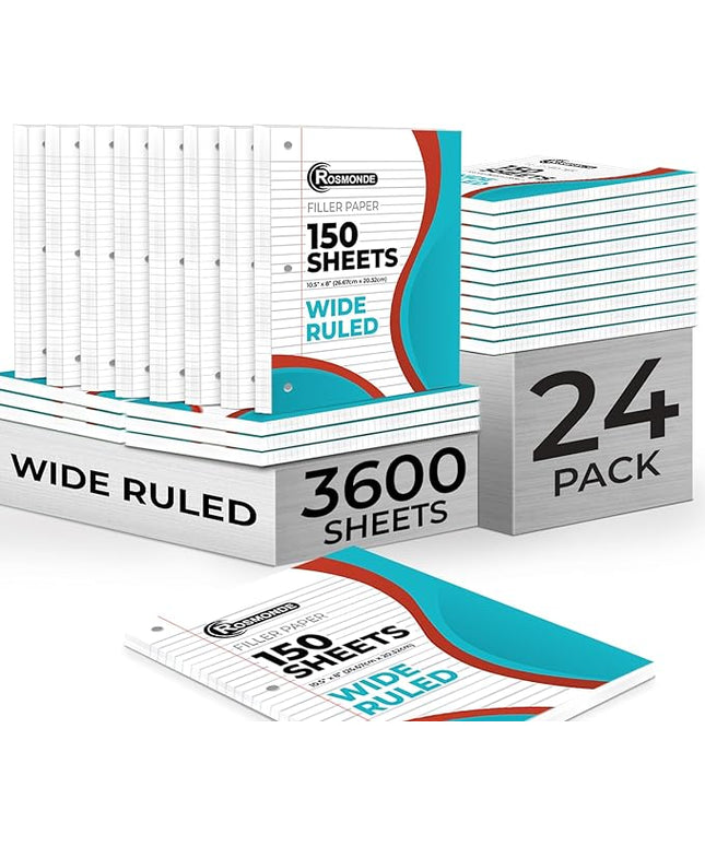 Rosmonde Loose Leaf Paper Bulk, 3600 Sheets, Wide Ruled, 8 x 10.5", Bulk Filler Paper for Office, 56 Gsm Thick Sheets, 3 Hole Punched for Binders, 24 Pack, 150 Sheets/Pack, Notebook Papers, White