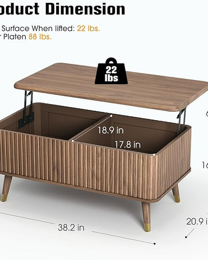 JOINICE Lift Top Coffee Table with Storage, Mid Century Modern Fluted Wood Design,Pop-Up Walnut Center Table with Hidden Compartment for Living Room & Home Office Work/Dining