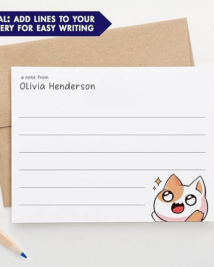 Personalized Kawaii Stationery Set for Kids Japanese Note Cards, Custom Kawaii Stationary Notes, Kawaii Cat Notecards for Girls, Your Choice of Colors and Quantity