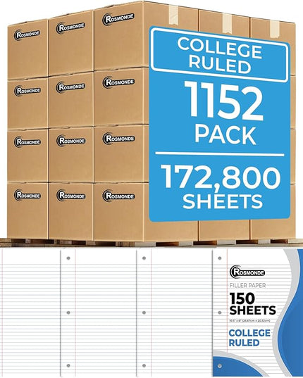 Rosmonde 1152 Pack (Pallet) Loose Leaf Paper Bulk, 172800 Sheets,College Ruled, Pallet of Filler Paper, 150 Sheets/Pack, 8 x 10.5",3 Hole Punched, 56 Gsm Thick Sheet, School & Office, 4-7 Days Transit