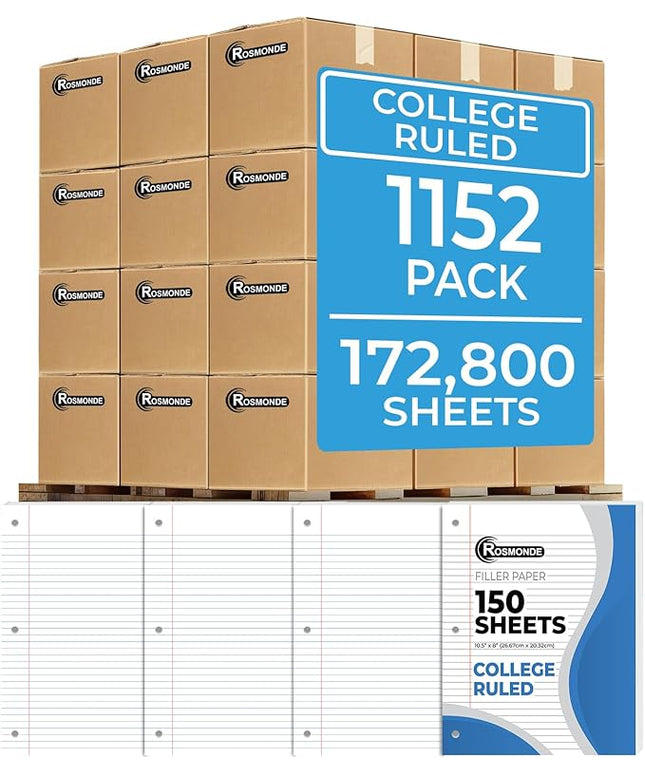 Rosmonde 1152 Pack (Pallet) Loose Leaf Paper Bulk, 172800 Sheets,College Ruled, Pallet of Filler Paper, 150 Sheets/Pack, 8 x 10.5",3 Hole Punched, 56 Gsm Thick Sheet, School & Office, 4-7 Days Transit
