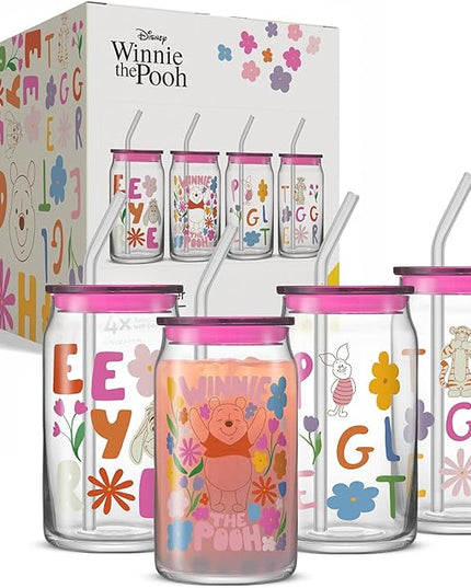 JoyJolt Disney Winnie the Pooh & Friends Flower Power Glass Tumblers with Lids and Straws, 16oz Glass Cups with Lids and Straws, Can Shaped Drinking Glasses Set of 4, Disney Gifts for Adults