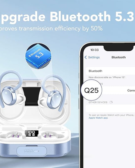 KT1 Wireless Earbuds V5.3 Bluetooth Earbuds 120Hrs Playtime, 4.7g Mini Size Painless Wear, IPX7 Waterproof, Deep Bass 2.0, Over-Ear Ear Buds Wireless Bluetooth Headphones for Sport Running (Blue)