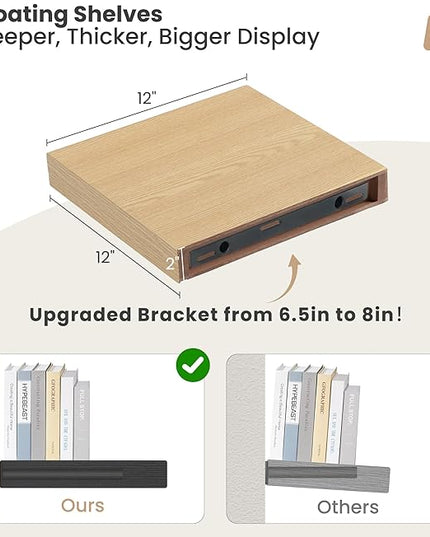 Heimlove 12 Inch Deep Floating Shelves, 12 x 12 inches Long Wall Shelf, Large Extra Display Shelf & Storage Shelf, Rustic Wood Wall Shelves for Fireplace Mantel, Oak - 2Pack