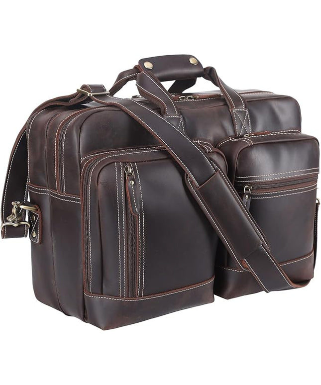 Leather Briefcase for Men Expandable Large 17 Inch Laptop Crossbody Shoulder Bag Business Travel Duffel Attache Case