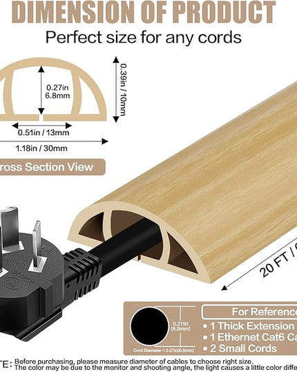 Floor Cord Cover Self Adhesive Cord Hider,20FT Cable Management, Extension Strip Protector for Wires, Prevent Cable Trips for Offices, Gyms, Exhibitions Cavity:0.39"(W) x 0.27"(H) WoodLightyellow