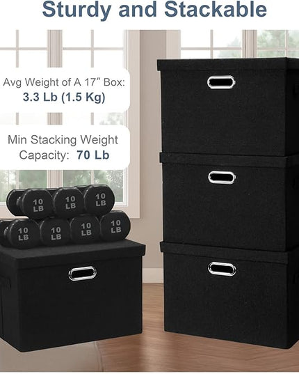 Large 17" 36 Quart Collapsible Stackable Storage Bins with Lids, 1 Pack Black Foldable Fabric Closet Storage Boxes with Lids, 4 Handles Heavy-duty Linen Cube Baskets for Bedroom