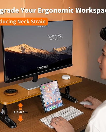 Wooden Monitor Stand Riser for Desk,Adjustable Height Monitor Shelf Riser with Phone Holder,Desk Storage Organizer Accessories,Wood Computer Screen Stands for Office,Home,Laptop,Printer,TV