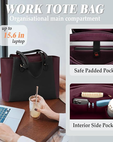 RAINSMORE Laptop Bag for Women 15.6 Inch Work Tote Bags Waterproof Computer Bags Leather Professional Laptop Purse Womens Laptop Briefcase Large Handbag for Office Teacher Travel, Black and Purple