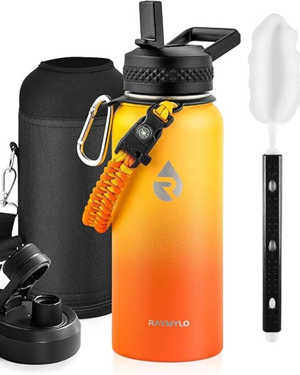Insulated Water Bottle 32 oz, Triple Wall Vacuum Stainless Steel (Cold for 48 Hrs), Leak Proof & Non-BPA, Modern Water Flask Jug with Paracord Handle & Straw Spout Lids, Ombre Orange