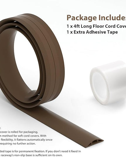 ZhiYo 4ft Cord Hider Floor, Soft PVC Cord Covers for Wires on Floor, Wire Cover to Hide Extension Cords, Cable Cover Protect Cords & Prevent Trips, Cable Cavity: W0.6in x H0.32in, Vintage Coffee Brown