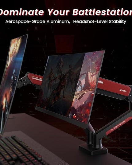 Dual Monitor Mount Gaming for Computer Screen 13-32" and up to 22 lbs,360° Rotation,+90° to -45° Tilt,180° Swivel,with C Clamp and Grommet Base,Integrated Cable Management,75x75/100x100 VESA,RED