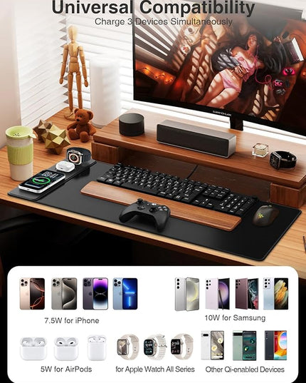 4-in-1 Mouse Pad with Magnetic Wireless Charging, 31.5"x15.8" Large Desk Mat for Laptop/Keyboard, Waterproof Smooth Surface, Non-Slip Base, with Adapter