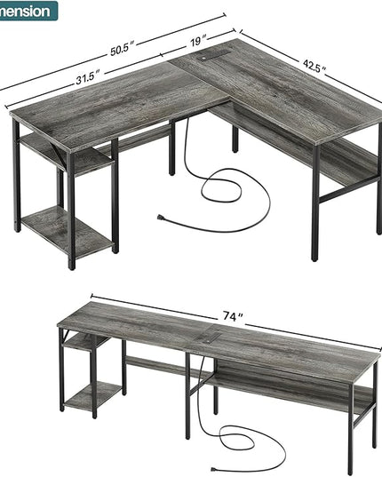 Unikito Reversible L Shaped Desk with Magic Power Outlets and USB Charging Ports, Sturdy Corner Computer Desk with Storage Shelves, Gaming Desk for Home Office, Easy to Assemble, Black Oak