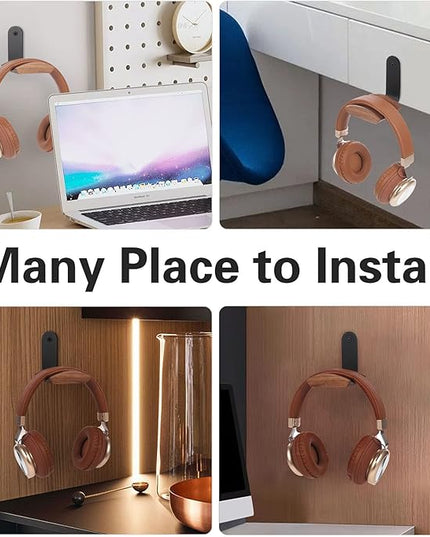 Wood Headphone Wall Mount Holder, with VHB Adhesive Tape and Screw, Holds 10 lbs (Black & Walnut Wood, 2 Pack)