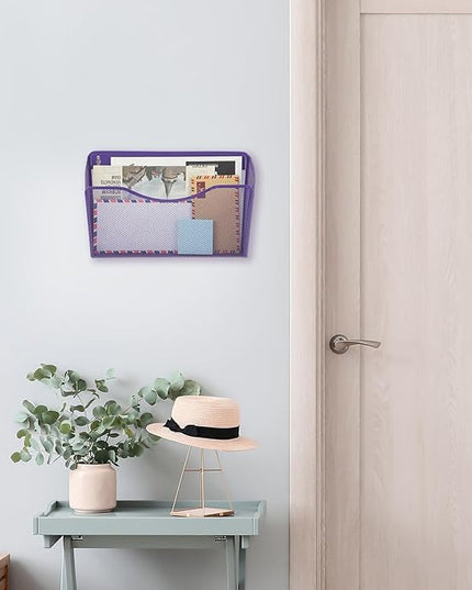EASEPRES 3 Single Pocket Mesh Hanging File Organizer, Vertical Wall Mounted Magazine File Holder, Mount Basket Mail Paper Document Folder Organizing for Office, Home and School, Purple