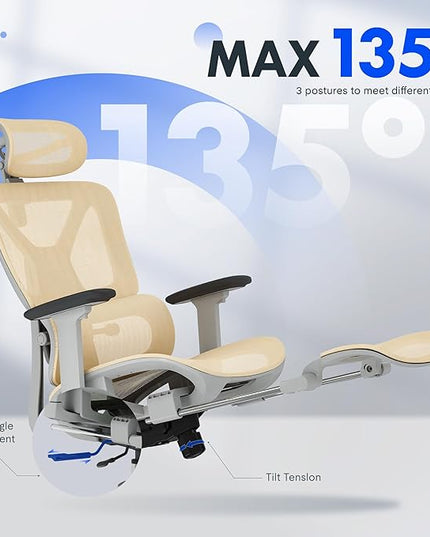 FLEXISPOT ErgoX Premium Ergonomic Office Chair with Footrest- Adjustable 3D Armrests, Dynamic Lumbar Support, Recline & Tilt Function, Mesh Seat, for Home & Office Use,Cream