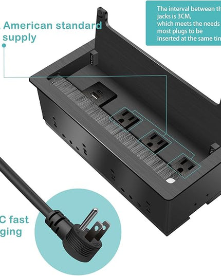 Conference Table Power Hub; Outlet Multimedia Connectivity Box with 3 AC outlets; USB-A+USB-C 18W 8FT 16AWG UL Listed Flat Plug Used for Office Conference Tables-High end Aluminum Alloy