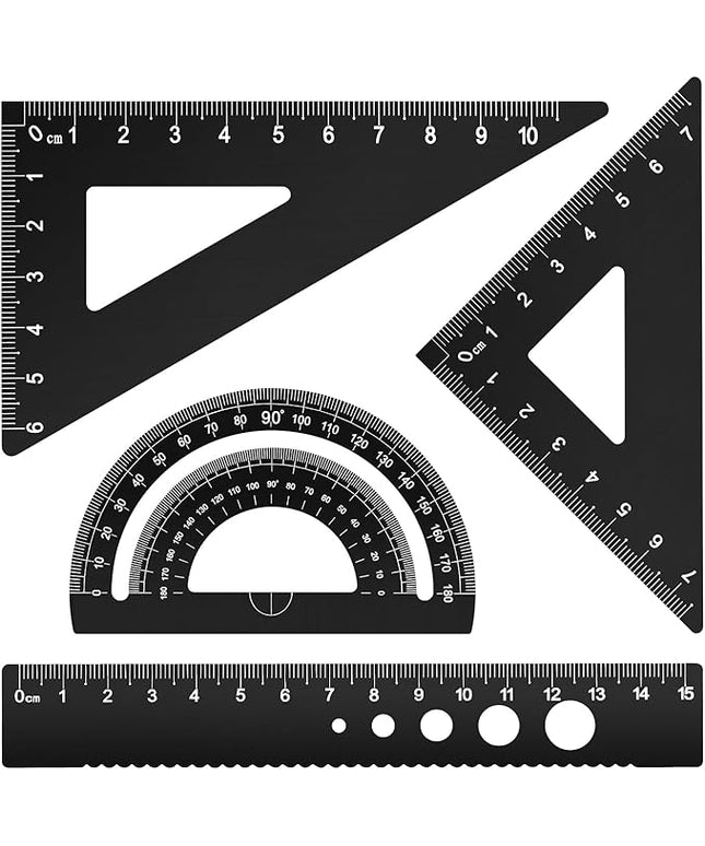 Honagu Triangular Ruler Set, 4 Pieces Aluminum Alloy Ruler, Metal Drafting Ruler, Geometric Protractor for Students, Draftsmen, Engineers, School Office Supplies (Black)