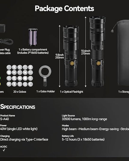 WELLMAKING 35W LED Photography Flashlight Optical Glass Lenses, 7800mAh Aluminum Alloy Patterned Ambient Light, with 20 Patterned Light Filters for Photo, Content Creation Video Recording Accessorie