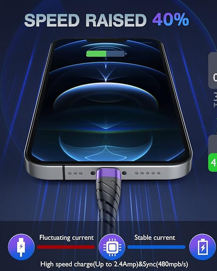 OIITH MFi Certified for iPhone Charger Cable 3 Pack 10 Ft, Extra Long for Lightning Charging Cord, Fast 2.4A for iPhone USB Cord Compatible with iPhone12/11/XS/Max/XR/X/8/8P/7P/6/iPad - Purple
