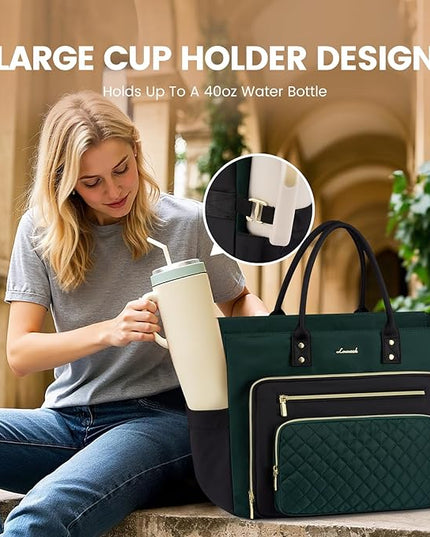 LOVEVOOK Laptop Tote Bag for Women, Work Bags Computer Laptop Bag, Teacher Tote Bag, Professional Briefcase Business Large Purses Handbag Gifts, Dark Green-Black, 17 Inch