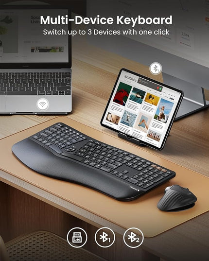 ProtoArc Backlit Bluetooth Ergonomic Keyboard, EK01 Plus Full Size Wireless Split Keyboard with Dual Bluetooth and USB, Cushioned Wrist Rest, Rechargeable, Compatible with Windows/Mac/Android, Black