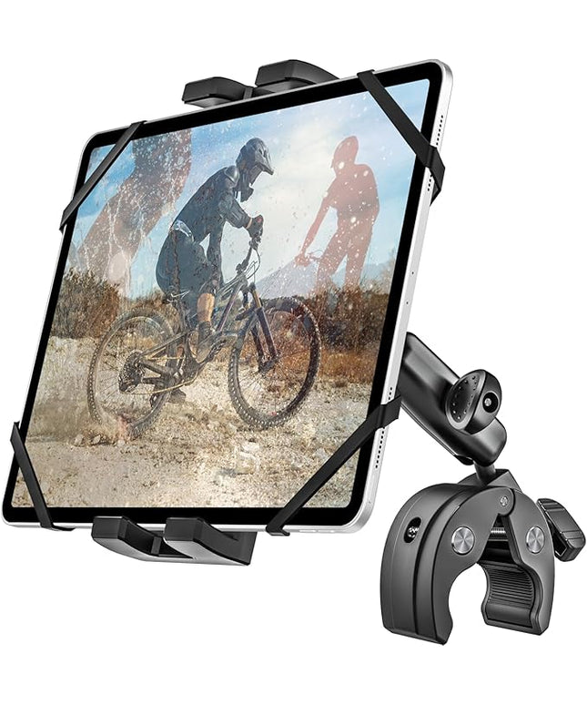 Metal iPad Tablet Mount Holder for Boat Helm, Wheelchair Pole, Bike, Motorcycle, Stroller, Fitness bike, Road Mountain Bicycle, Scooter Handlebar Clamp for 4.7-13" iPad Pro, Air, Mini, iPhone, Galaxy