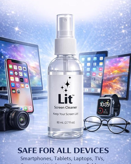 Lit Screen Cleaner Spray Kit (80 mL) + Microfiber Cloth — for Phone, iPad, Tablet, Laptop, Monitor, TV, Camera Lenses & Eyeglasses — Streak-Free, Alcohol-Free & Ammonia-Free, Travel Size