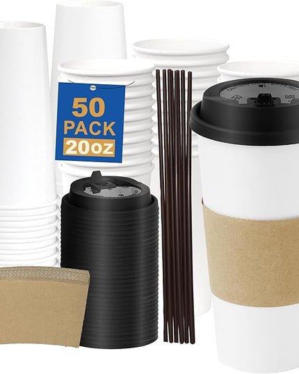 Coolcap 20 oz 50 Pack Coffee Cups with Lids and Sleeves, Straws, Hot Disposable To Go Travel Paper Cups Bulk for Office, Home Coffee Bar Accessories, Chocolate, Cocoa, Beverage (White)