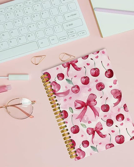JKMBN Trendy Coquette Pink Bow Cherry Journaling Notebooks, Preppy Spiral Notebook, Cute Notebook Journal for Girls, Pink Office Supplies, Hardcover Spiral Lined Notebook 5.5 x 8.3