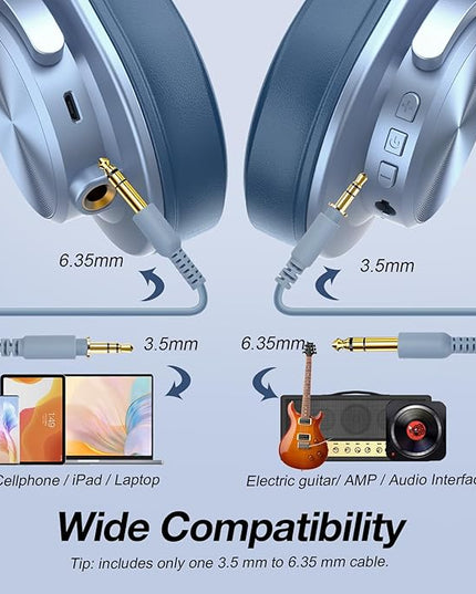 OneOdio A70 Bluetooth Over Ear Headphones, Wireless Headphones w/ 72H Playtime, Hi-Res, 3.5mm/6.35mm Wired Audio Jack for Studio Monitor & Mixing DJ Guitar AMP, Computer Laptop PC Tablet - Sky Blue