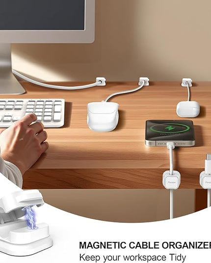 8 Pack Magnetic Cable Clip Organizer Cord Holder, Picozon Adhesive Cable Management, Wire Phone USB Charger Cable Holder, Keeper Organizer for Office Home Desktop Table - White