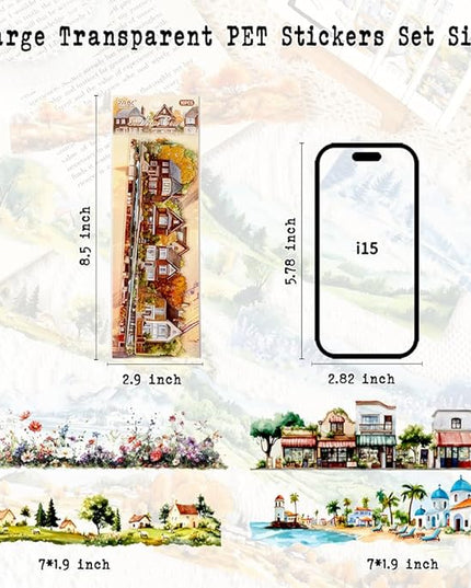 Dwpetzo Transparent PET Stickers for Journaling Scrapbooking, 60 Sheets Large Seasonal Landscape House Mountain Forest Wildflower Stickers Set for Junk Journal, Collage, Crafts Arts