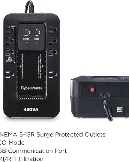 CyberPower EC450G Ecologic Battery Backup & Surge Protector UPS System, 450VA/260W, 8 Outlets, ECO Mode, Compact Uninterruptible Power Supply