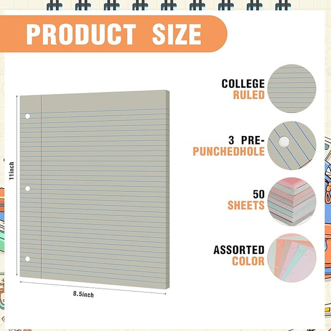 PerKoop 400 Sheets Colored Loose Leaf Paper 8.5" x 11" college ruled Lined 3 Hole Punched notebook Filler Paper for 3 Ring Binders Office School Supplies (Bohemian Color)