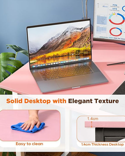 PayLessHere | 63 Inch Computer Desk | Pink | Office Desk with Metal Frame, Adjustable Feet | Water-Resistant, Scratchproof Surface | Sturdy Writing Table for Home Office or Study | Pack of 1