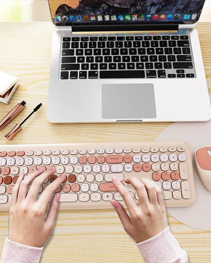 Wireless Keyboard and Mouse Combo, Colorful Ergonomic Full Size Retro Low-Noise Keyboard with Cute keycaps, Compatible with Windows, PC, Perfer for Home and Office Keyboards (Brown)