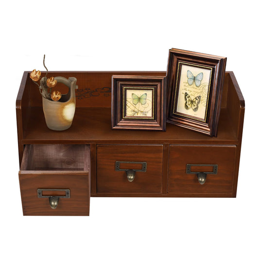 Unnsiapit Desk Organizer with 3 Drawers, Wooden Apothecary Cabinet Desktop Storage Shelf File Holder with Label Boxes, Makeup Organizer Filing Case for Office Bedroom Home, L15.2*W5.7*H7.3in