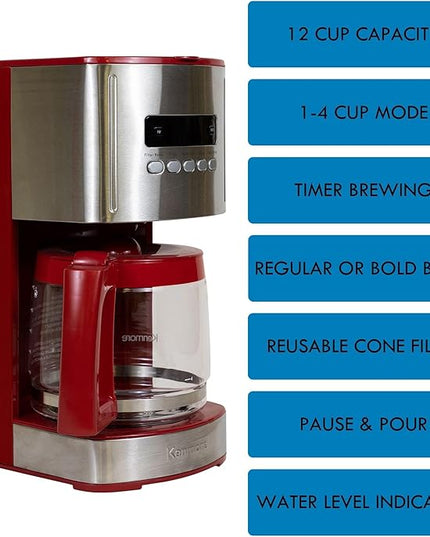 Kenmore Drip Coffee Maker - Programmable Cafe Machine With Glass Pot, Regular & Bold Brew, Auto Shut Off Large Water Reservoir, Reusable Filter, Kitchen Appliances For Cafeteria Barista, 12 Cup Red