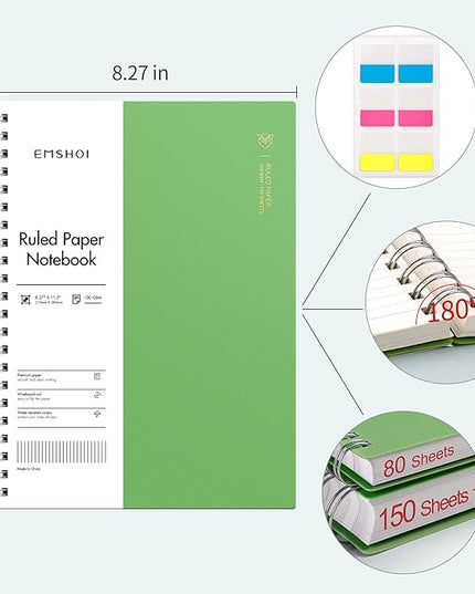 EMSHOI A4 Spiral Notebook Lined Journal, 300 Pages, College Ruled, 100gsm Thick Paper, Waterproof Softcover, Twin-Wire Binding, with Sticky Notes, Green (11.2" x 8.27")