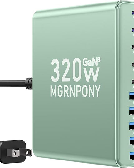 320W USB C Charger Block, 10-Port USB C Charging Station GaN III PD 65W PC Laptop Fast Charger Adapter for MacBook Pro/Air, DELL, iPad, iPhone, Samsung Galaxy (Green)
